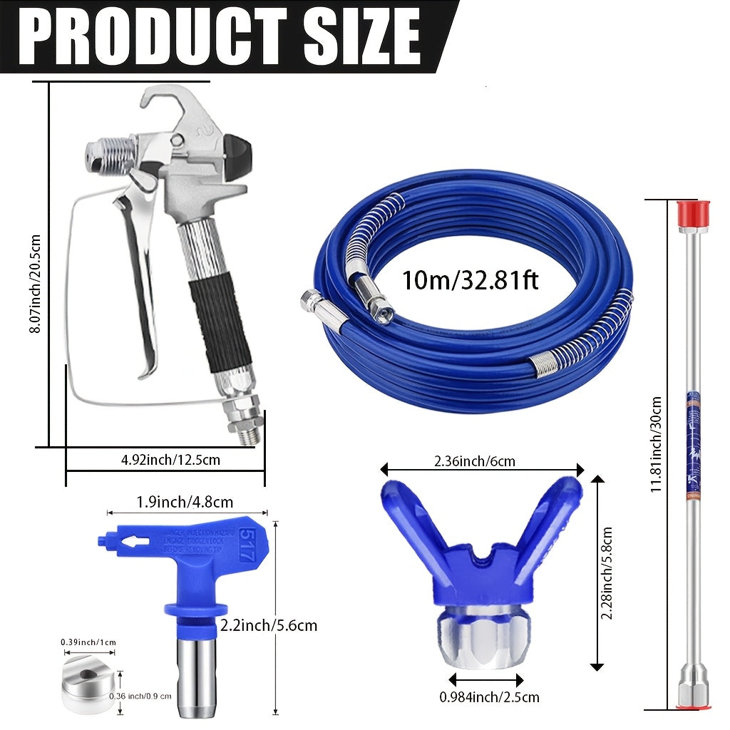 Aftermarket 5-Piece Airless Paint Sprayer Pro Kit - 33ft (10m) High-Pressure Hose, Black Spray Gun with Swivel, 517 Tip & 12" Extension Pole