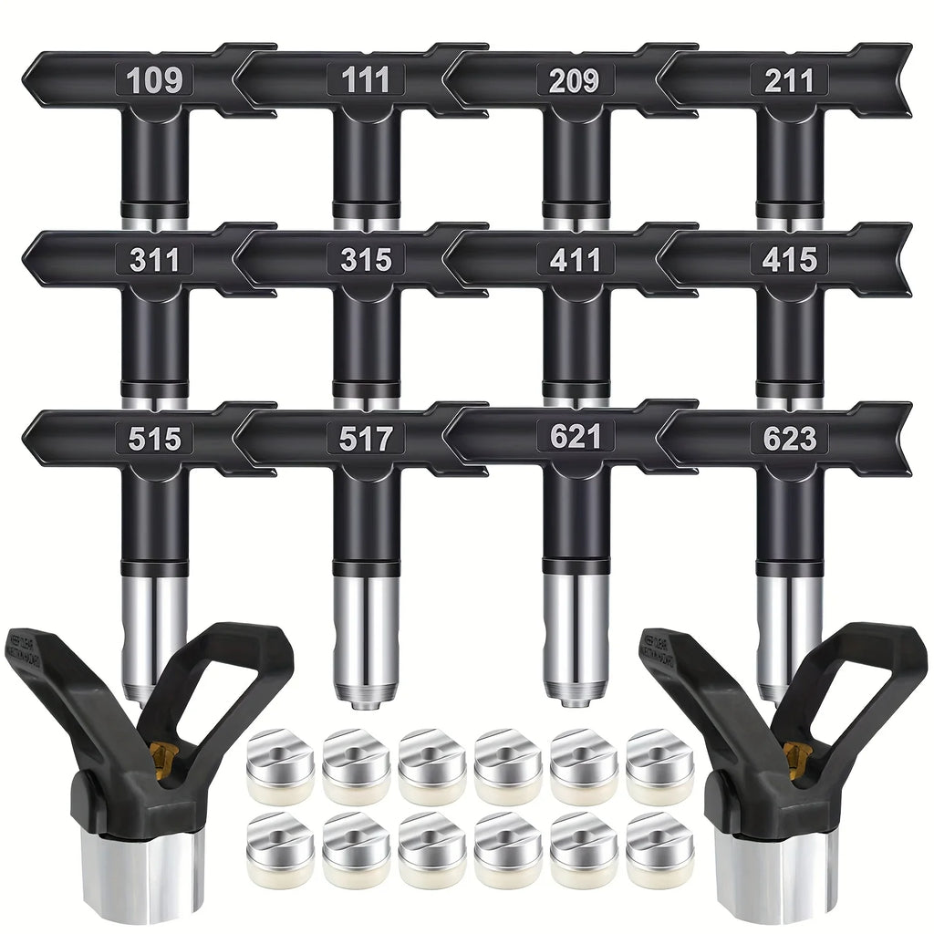 Aftermarket 14-Piece Airless Spray Tip & Guard Set - Compatible with Graco Titan Wagner (12 Precision Nozzles + 2 Tip Guards)