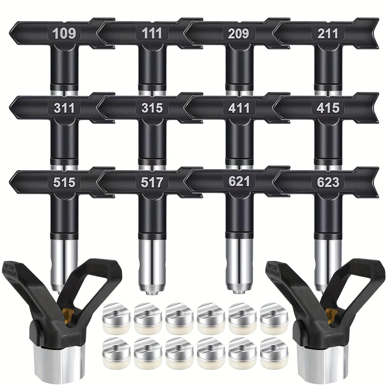 Aftermarket 14-Piece Airless Spray Tip & Guard Set - Compatible with Graco Titan Wagner (12 Precision Nozzles + 2 Tip Guards)